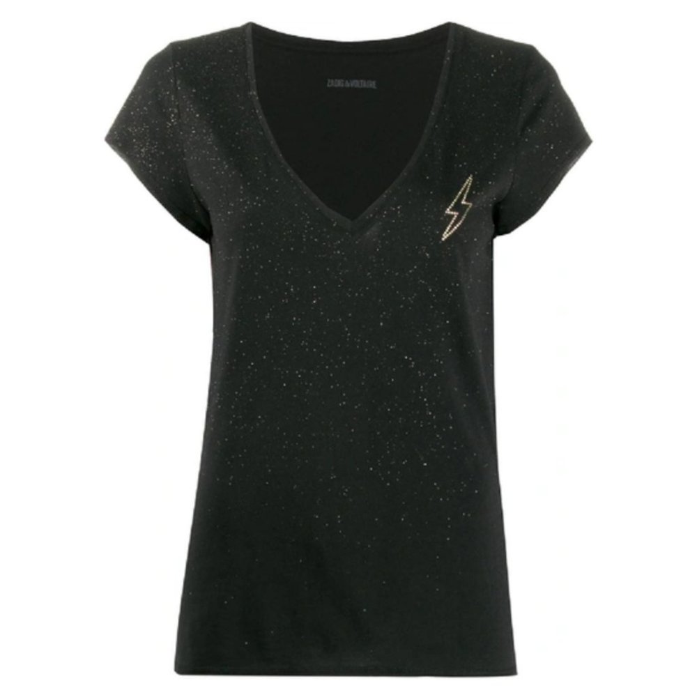 Zadig & Voltaire Black Gold Glitter V-neck T-Shirt NWT